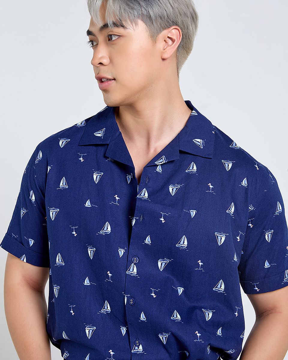 Áo Sơ Mi Nam Linen Xanh Đen Thuyền Tay Ngắn Tender Drit