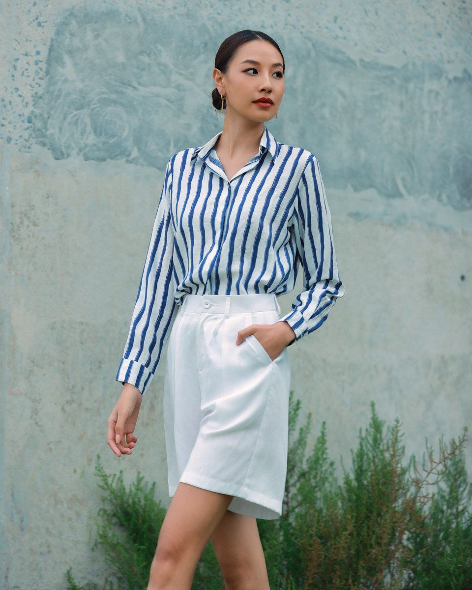 Áo Sơ Mi Nữ Linen Trắng Sọc Xanh Tender Drit