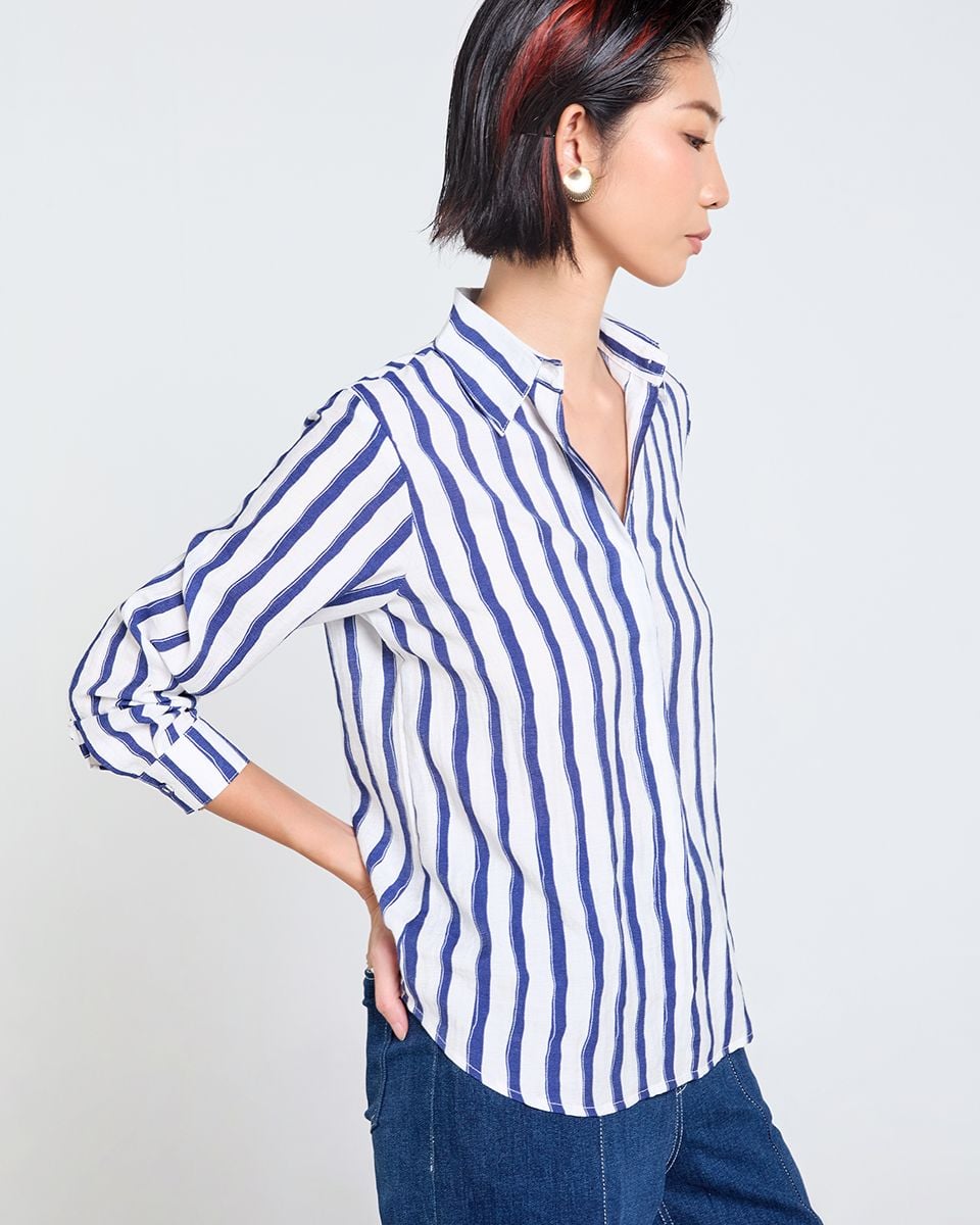 Áo Sơ Mi Nữ Linen Trắng Sọc Xanh Tender Drit