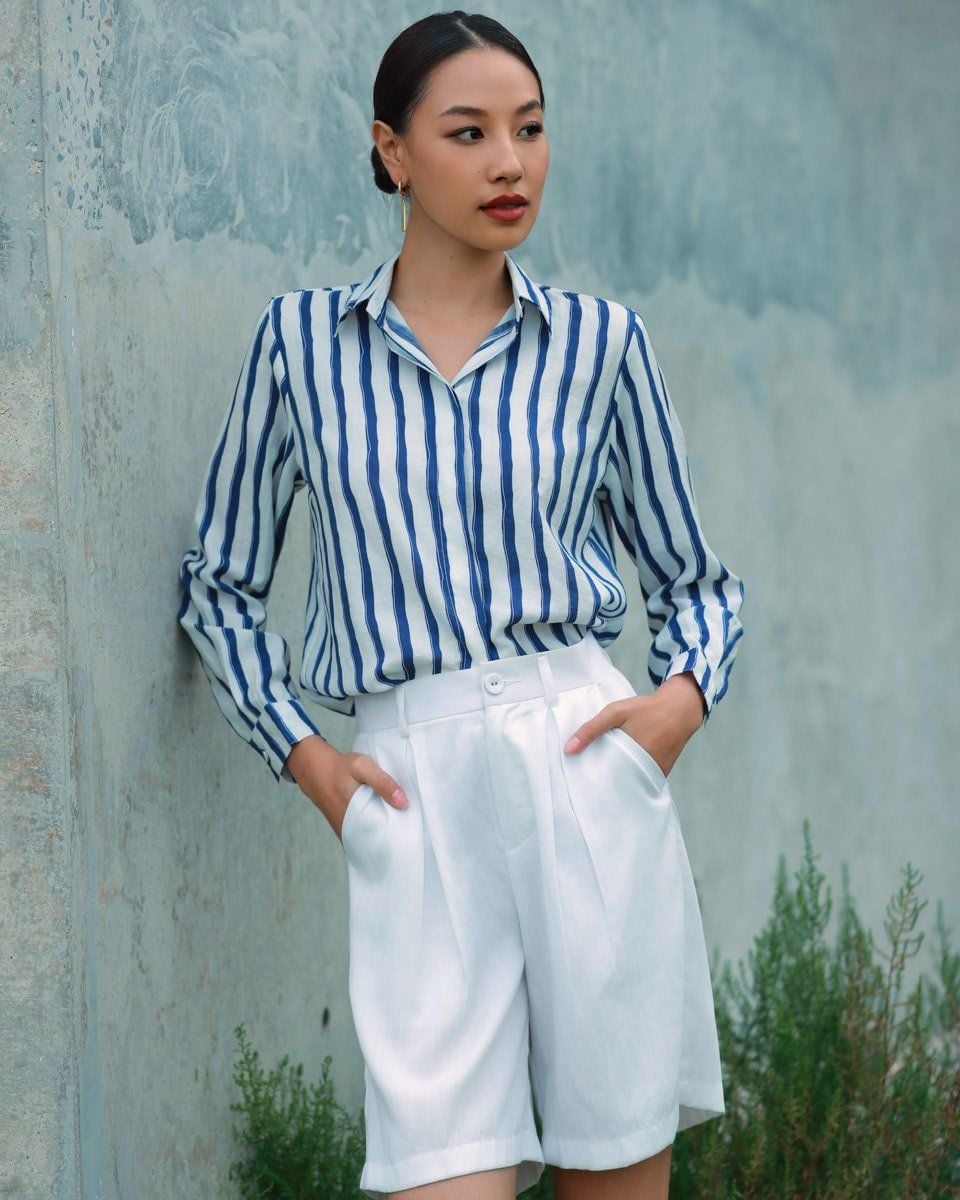 Áo Sơ Mi Nữ Linen Trắng Sọc Xanh Tender Drit