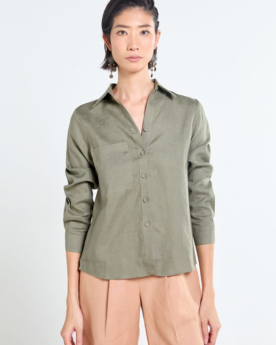 ÁO Sơ Mi Linen Nữ Rêu Đậm Tender Drit
