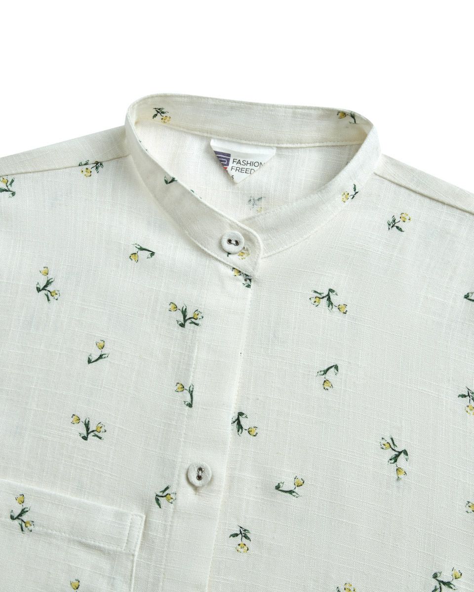 Áo Sơ Mi Linen Nữ Cổ Trụ Trắng Hoa