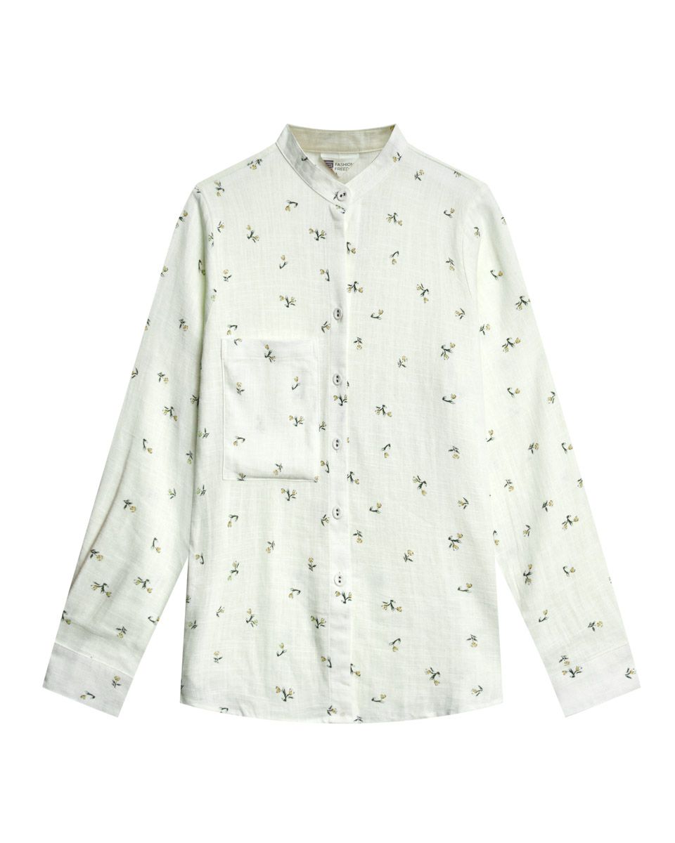 Áo Sơ Mi Linen Nữ Cổ Trụ Trắng Hoa
