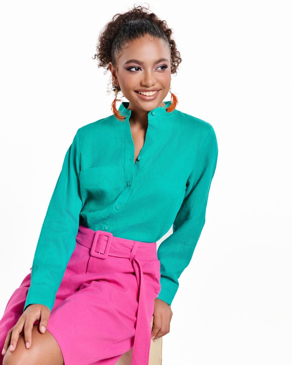 Áo Sơ Mi Linen Nữ Cổ Trụ Xanh Két