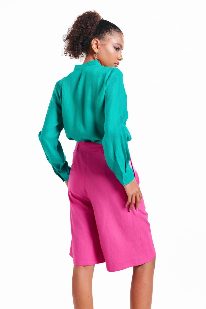 Áo Sơ Mi Linen Nữ Cổ Trụ Xanh Két