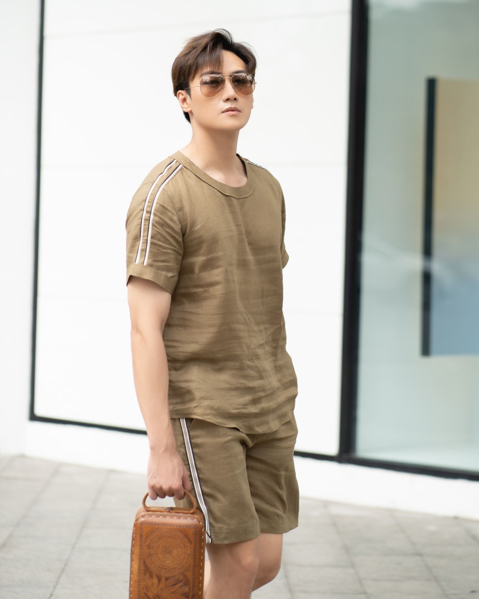 Áo Linen Nam Rêu Phối Tay Tender Drit