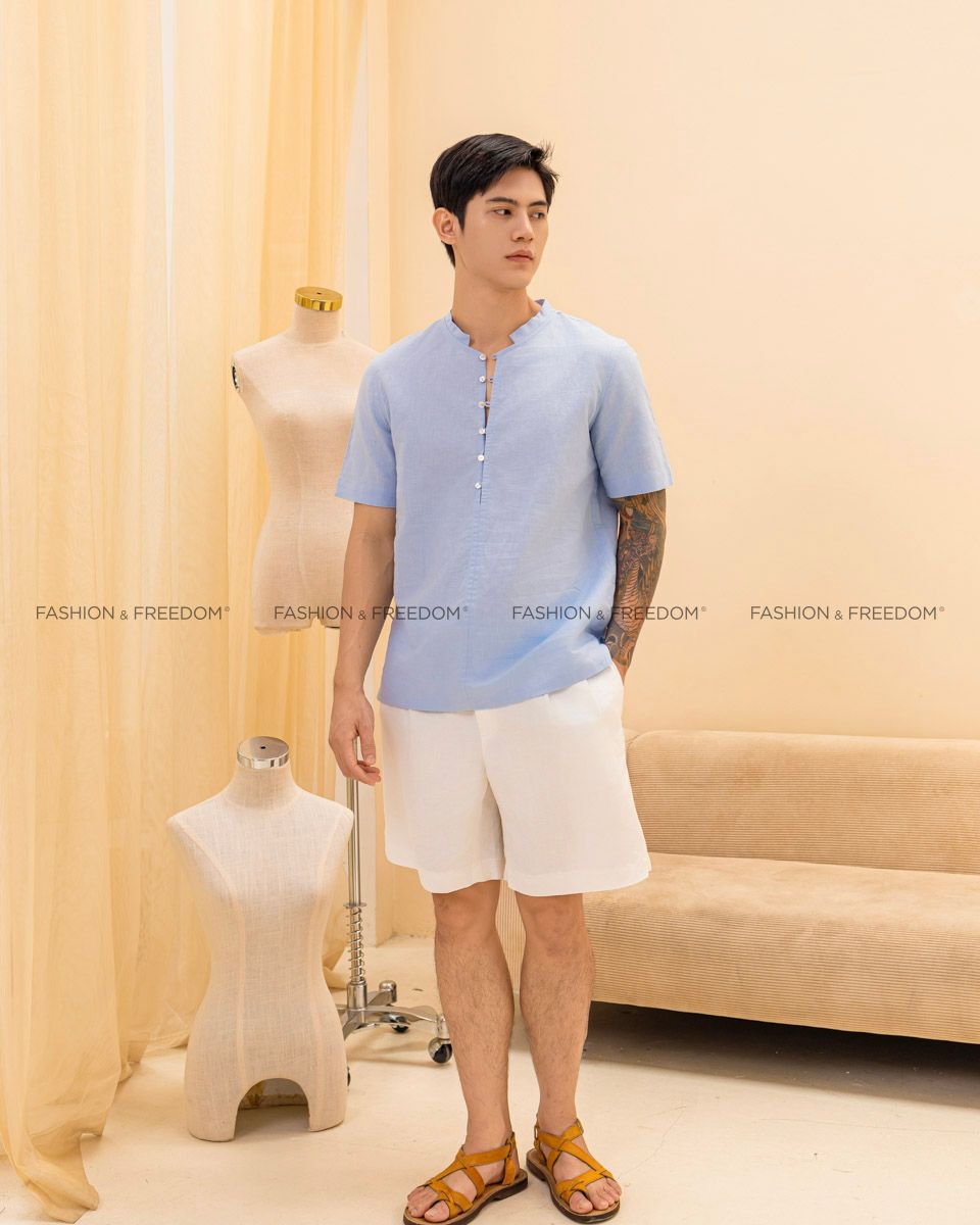 Áo Sơ Mi Nam Linen Xanh Pastel Tay Ngắn