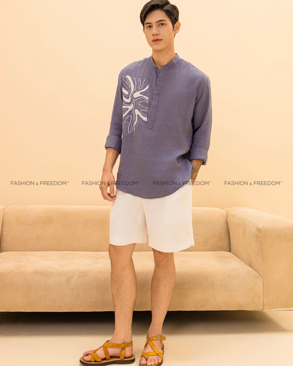 Áo Sơ Mi Linen Nam Xanh Xám Thêu