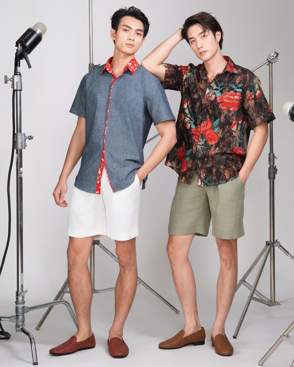 Áo Sơ Mi Linen Nam Xám Phối Đỏ Ngắn Tay