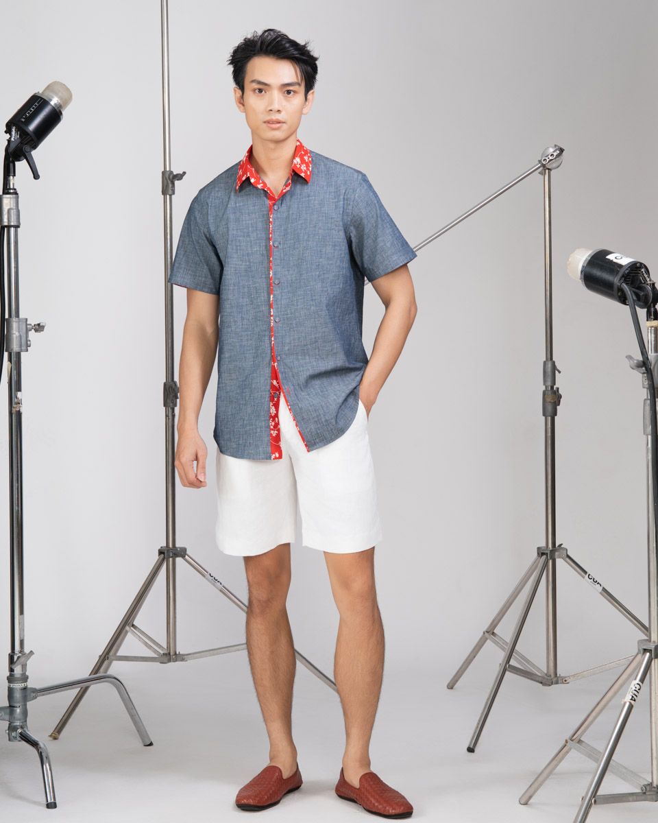 Áo Sơ Mi Linen Nam Xám Phối Đỏ Ngắn Tay