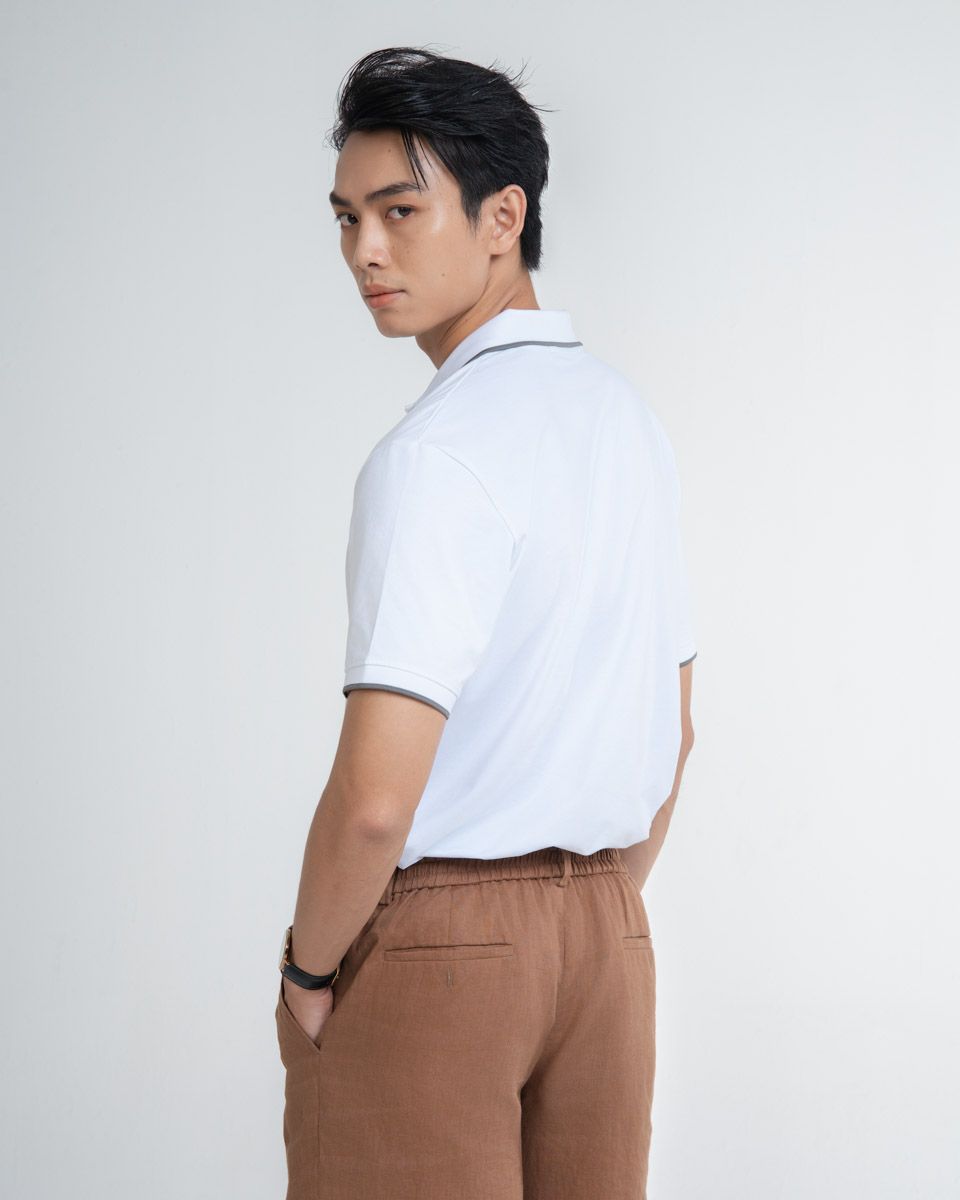 Áo Thun Nam Có Cổ Trắng Xanh Sọc Xám