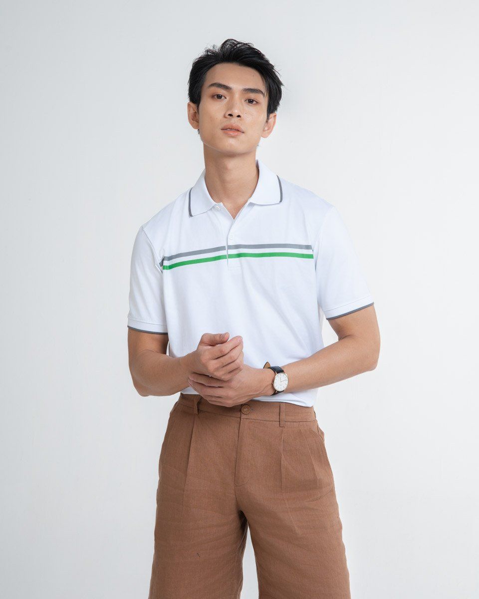 Áo Thun Nam Có Cổ Trắng Xanh Sọc Xám