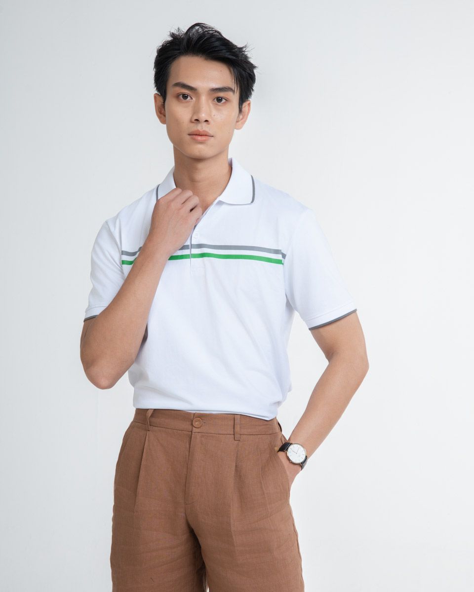 Áo Thun Nam Có Cổ Trắng Xanh Sọc Xám