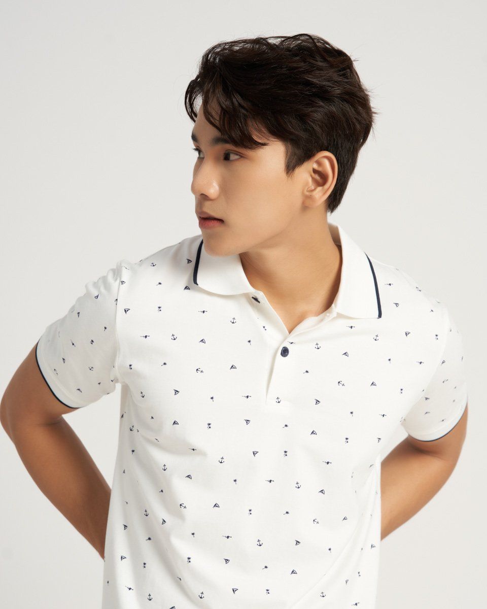 Áo Thun Nam Cotton Trắng Họa Tiết Xanh Đen Casual Menswear