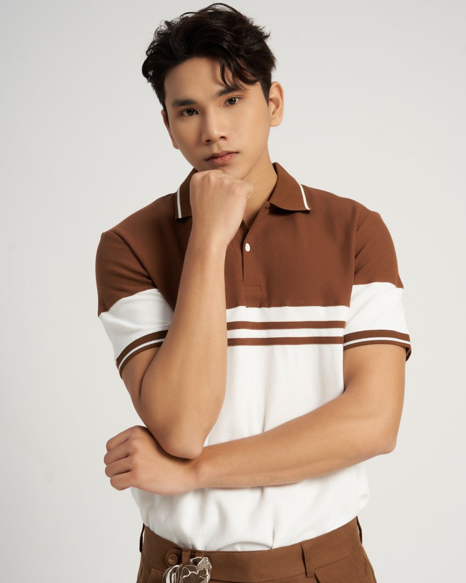 Áo Thun Nam Cotton Nâu Phối Trắng Casual Menswear