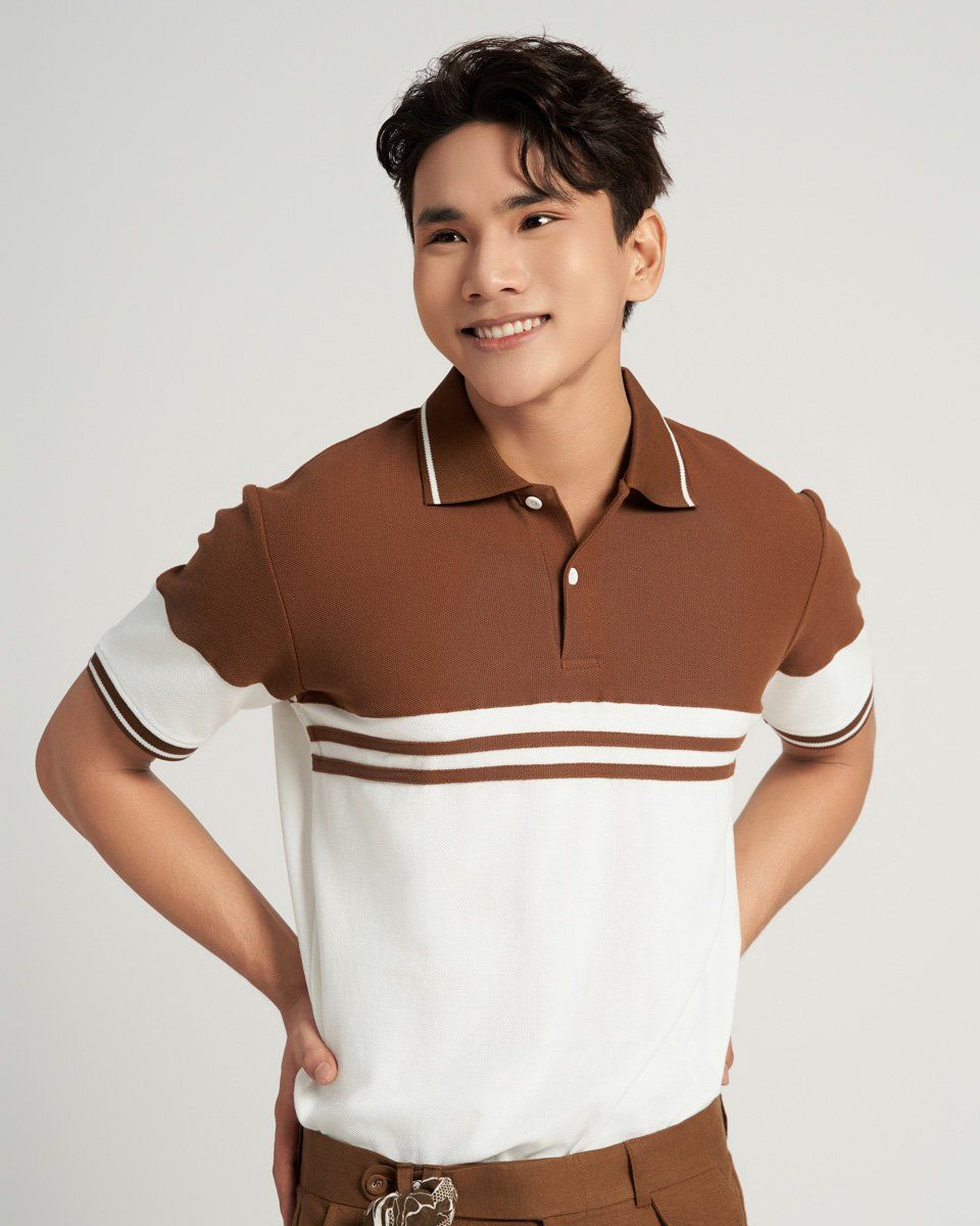 Áo Thun Nam Cotton Nâu Phối Trắng Casual Menswear