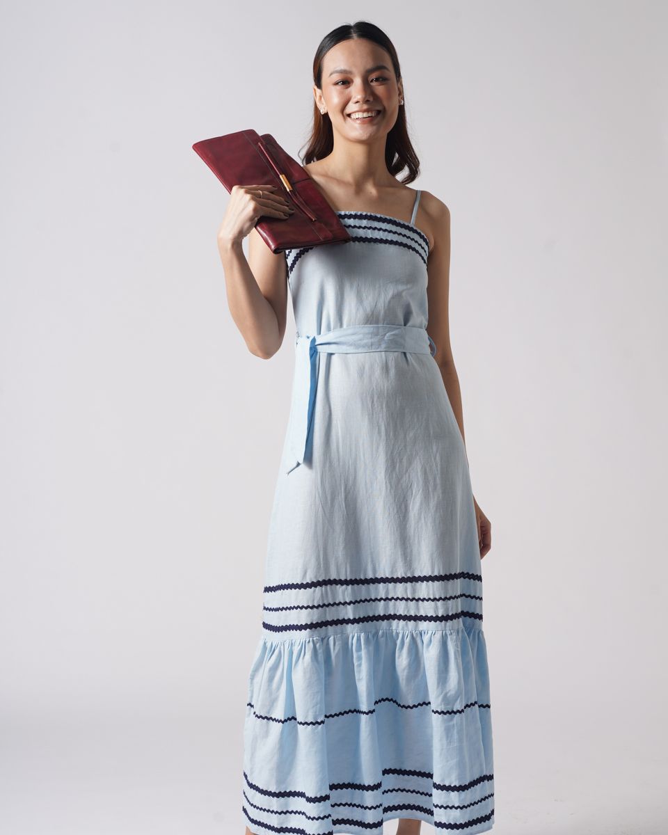 Đầm Linen Xanh Hai Dây Phối Dây Ren