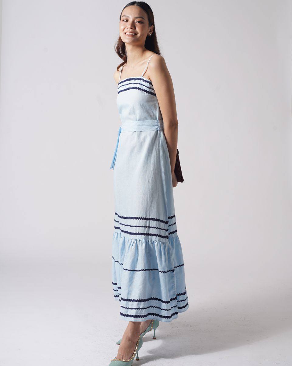 Đầm Linen Xanh Hai Dây Phối Dây Ren