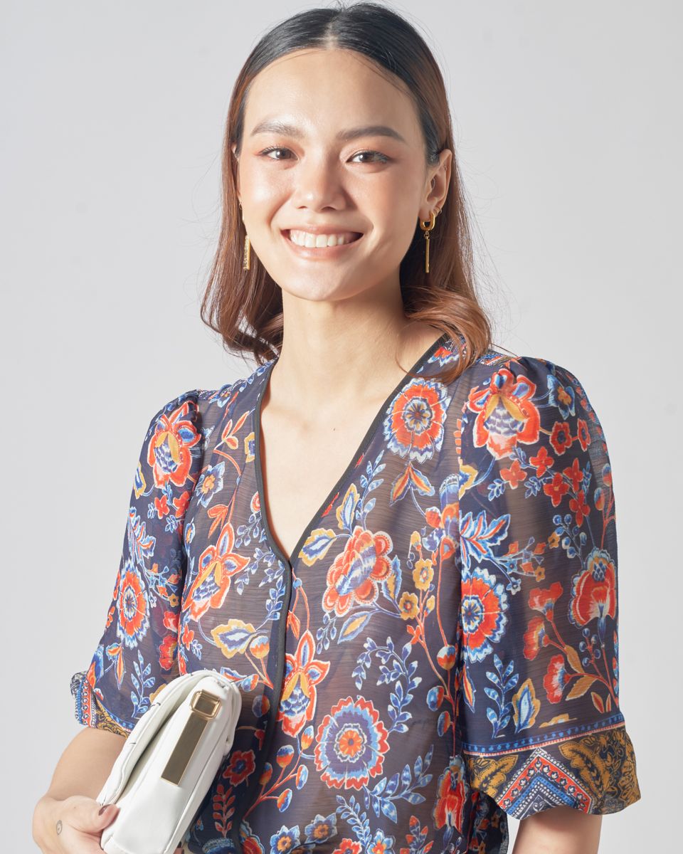 Áo Voan Xanh Hoa Đỏ