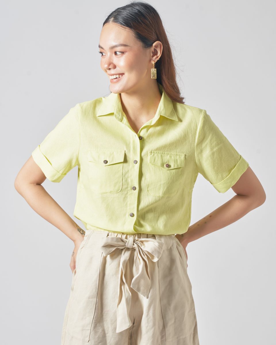 Sơ Mi Linen Xanh Cốm Hai Nắp Túi