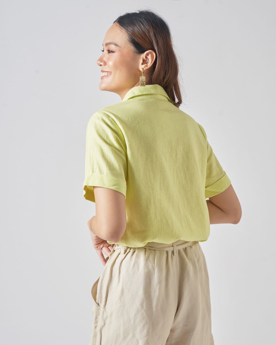 Sơ Mi Linen Xanh Cốm Hai Nắp Túi
