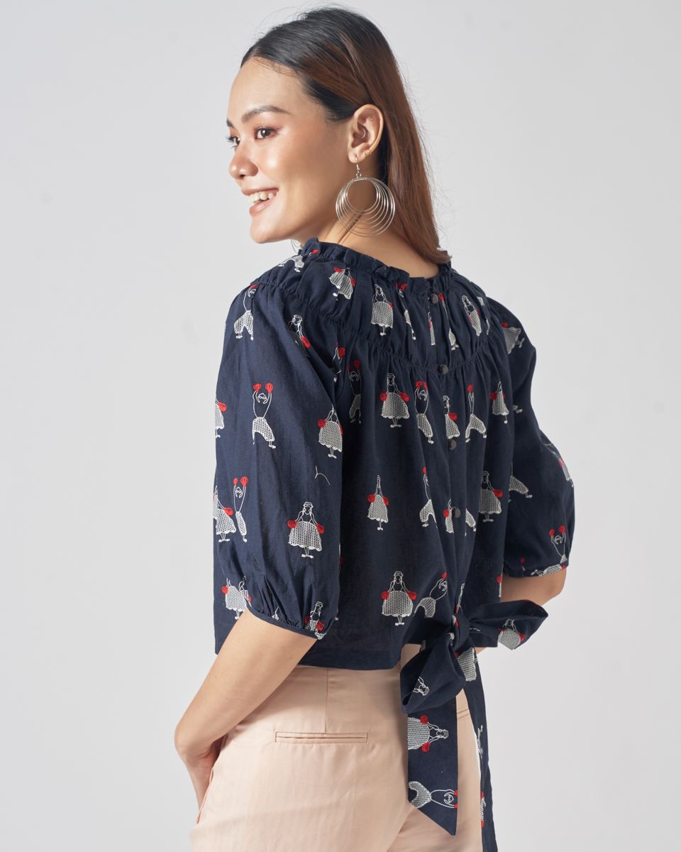 Áo Linen Xanh Đen Họa Tiết