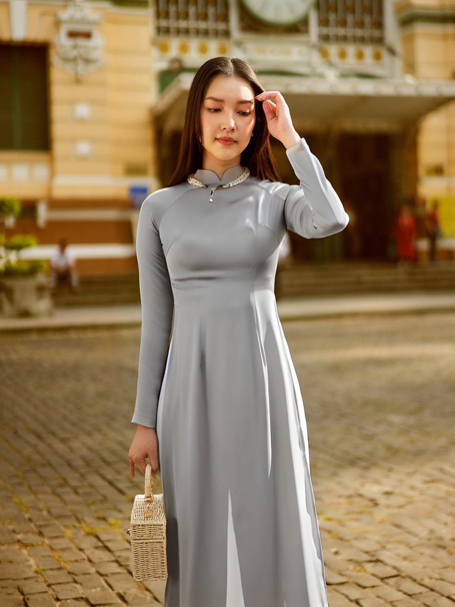 Áo Dài Lụa Trơn Xám  Hồn Việt