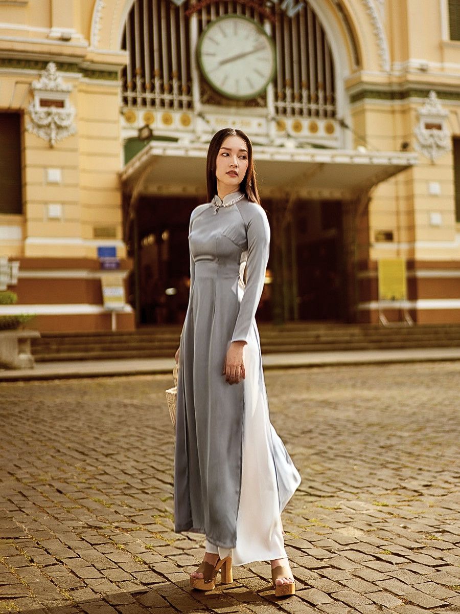 Áo Dài Lụa Trơn Xám  Hồn Việt