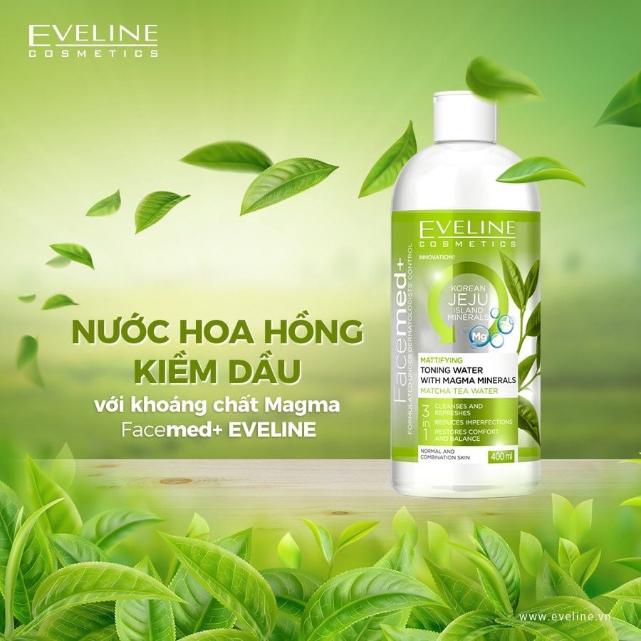  Nước Hoa Hồng Toner Eveline Trà Xanh Match Kiềm Dầu Với Khoáng Chất Magma Facemed 400ml 