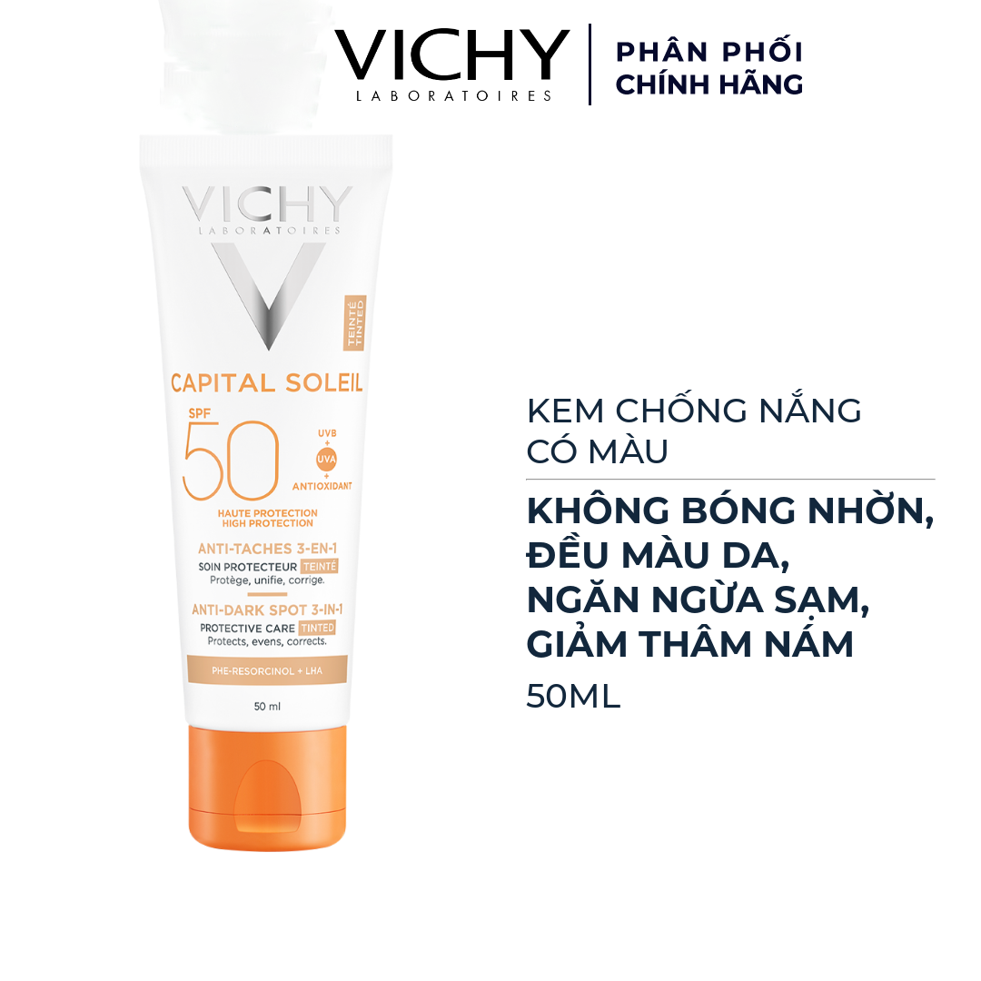 Kem Chống Nắng Vichy Capital Soleil Anti-Dark Spot 3-In-1 Có Màu Che Khuyết Điểm Giảm Thâm Nám Và Dưỡng Da SPF 50 PA 50ml