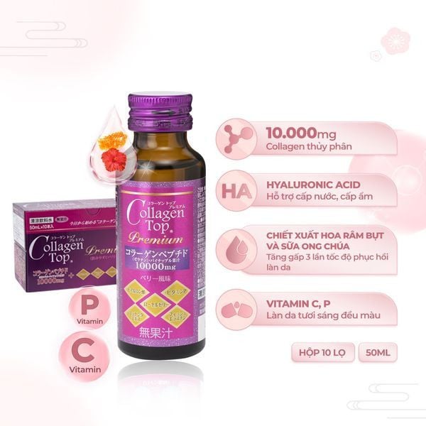  Nước Uống Collagen Shinnippai Top Premium 10.000mg Giúp Da Căng Mịn, Chống Lão Hóa (Hộp 10 chai x 50ml) - Hàng Nội Địa Nhật 