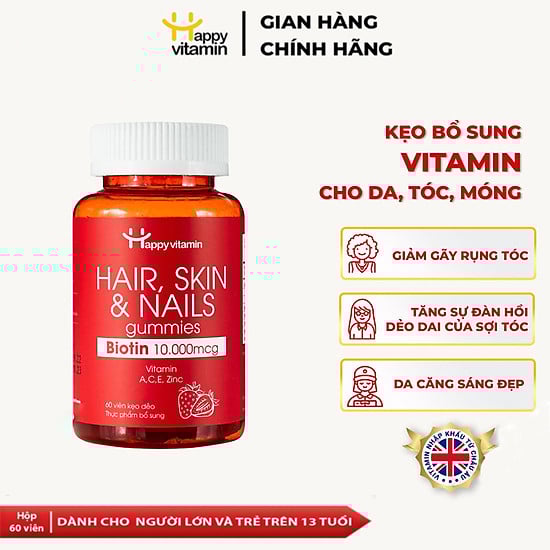 Kẹo dẻo Happy Vitamin Hair Skin & Nails Biotin 10000mcg đẹp da ngăn rụng tóc hạn chế lão hóa nuôi dưỡng tóc móng chắc khỏe - Hộp 60 viên