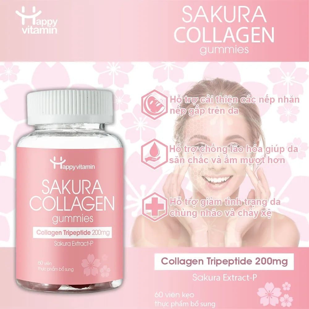  Kẹo dẻo hỗ trợ đẹp da ngăn ngừa lão hóa Happy Vitamin Sakura Collagen gummies giúp bổ sung Collagen Tripeptide 200mg - Hộp 60 viên 