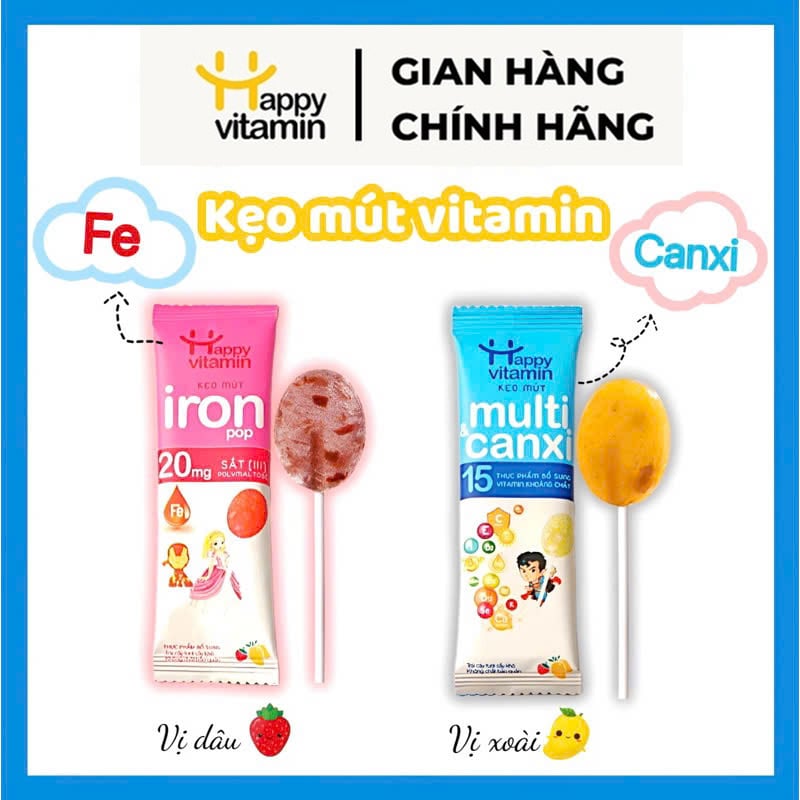 Kẹo Mút HAPPY VITAMIN Bổ Sung CANXI/ SẮT và các vi chất cho bé - Hỗ trợ phát triển chiều cao, Tăng sức đề kháng, Bổ sung Sắt và Canxi hàng ngày cho bé