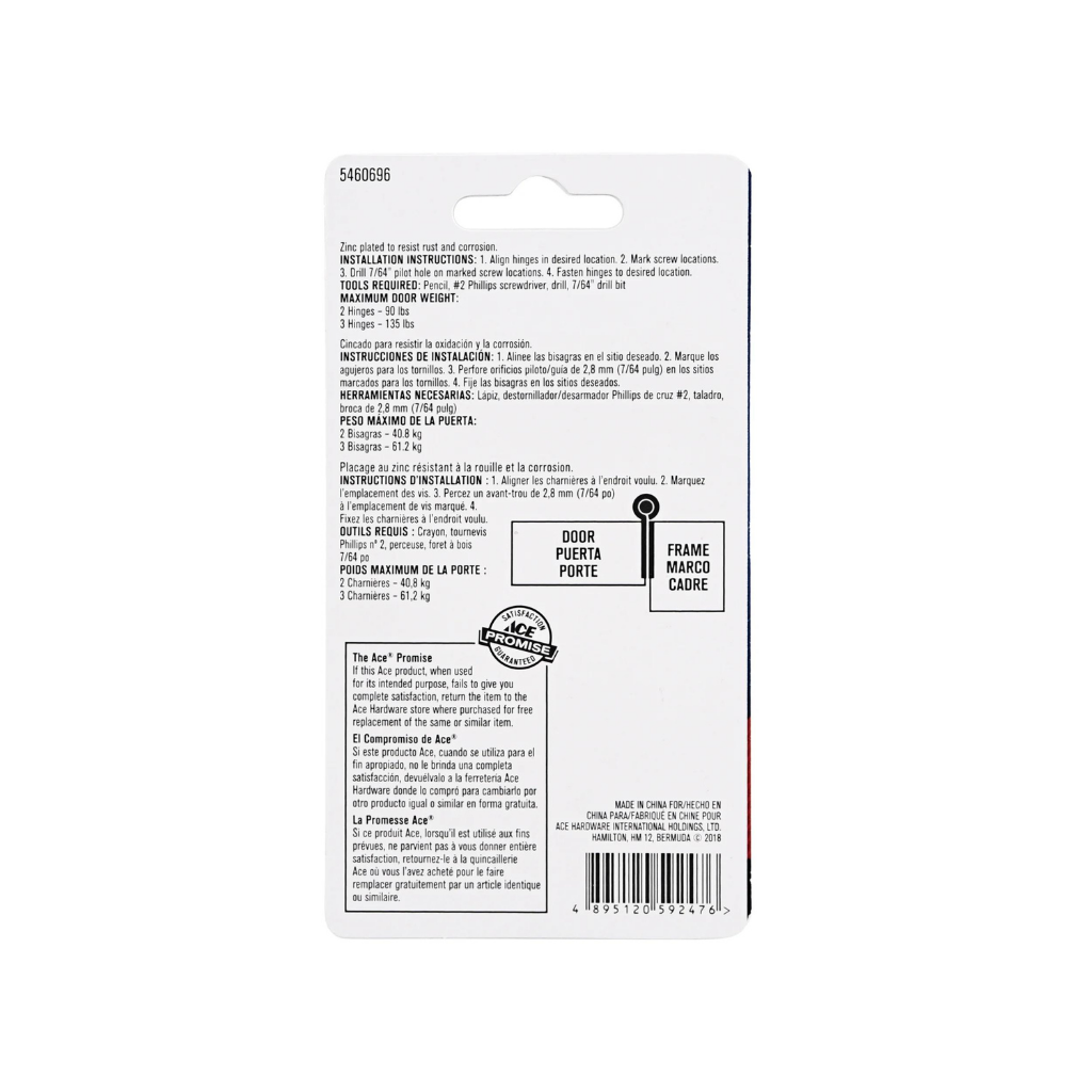 ACE BẢN LỀ CỬA KÈM VÍT BẰNG THÉP MẠ KẼM 8.89CM