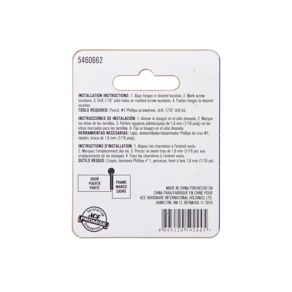 ACE BẢN LỀ KÈM VÍT 2.54X2.54 CM BẰNG THÉP MẠ ĐỒNG