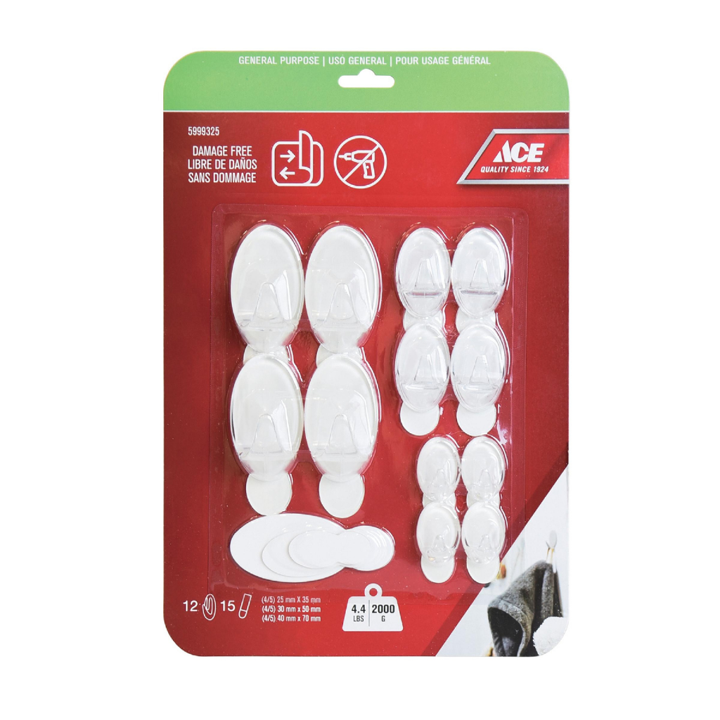 BỘ 12 MÓC TREO ĐỒ BẰNG NHỰA VÀ 15 DẢI DÍNH ACE