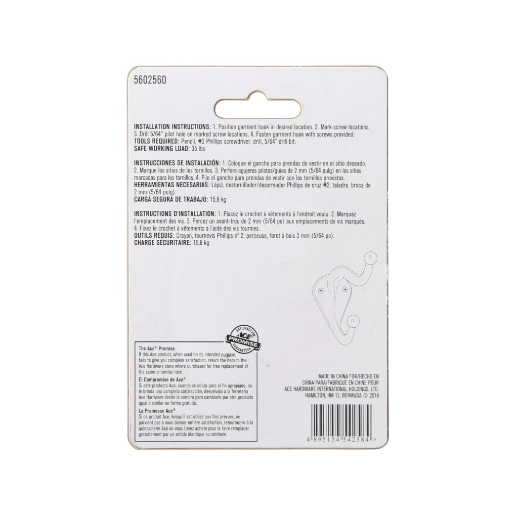 GÓI 2 MÓC TREO ÁO/NÓN 5.87CM BẰNG THÉP MẠ CROM ACE