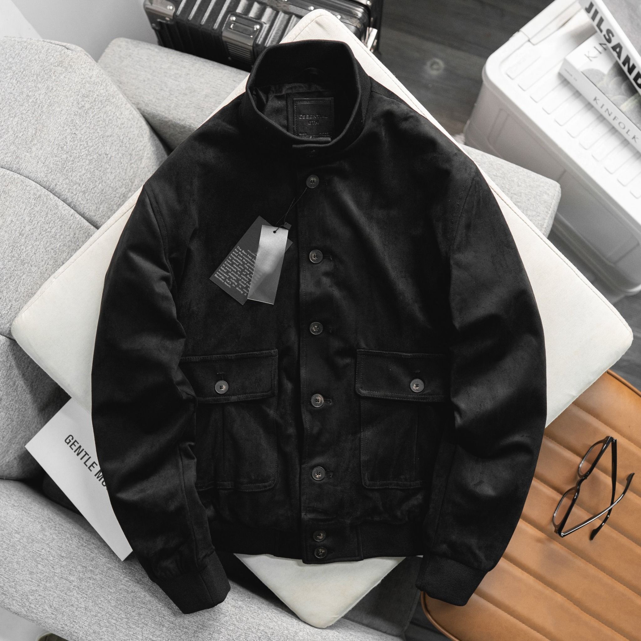  Áo Bomber Suede Jacket Cổ Trụ Khuy Cài 1672 