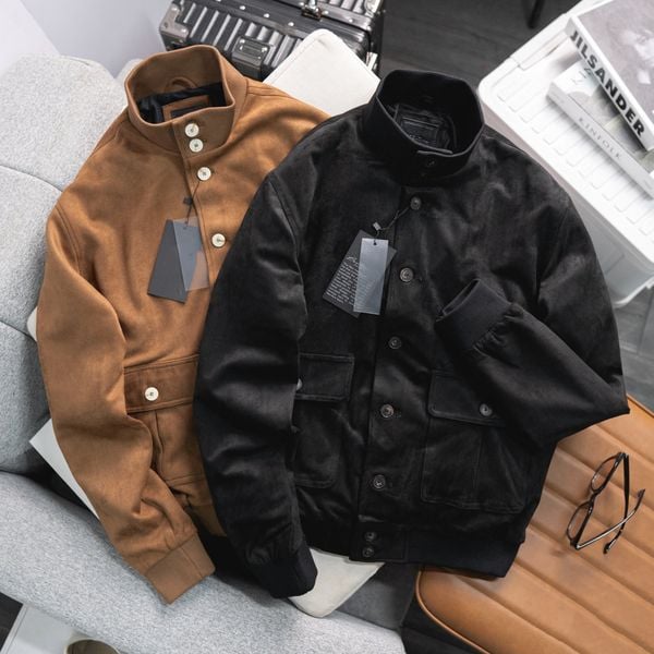  Áo Bomber Suede Jacket Cổ Trụ Khuy Cài 1672 