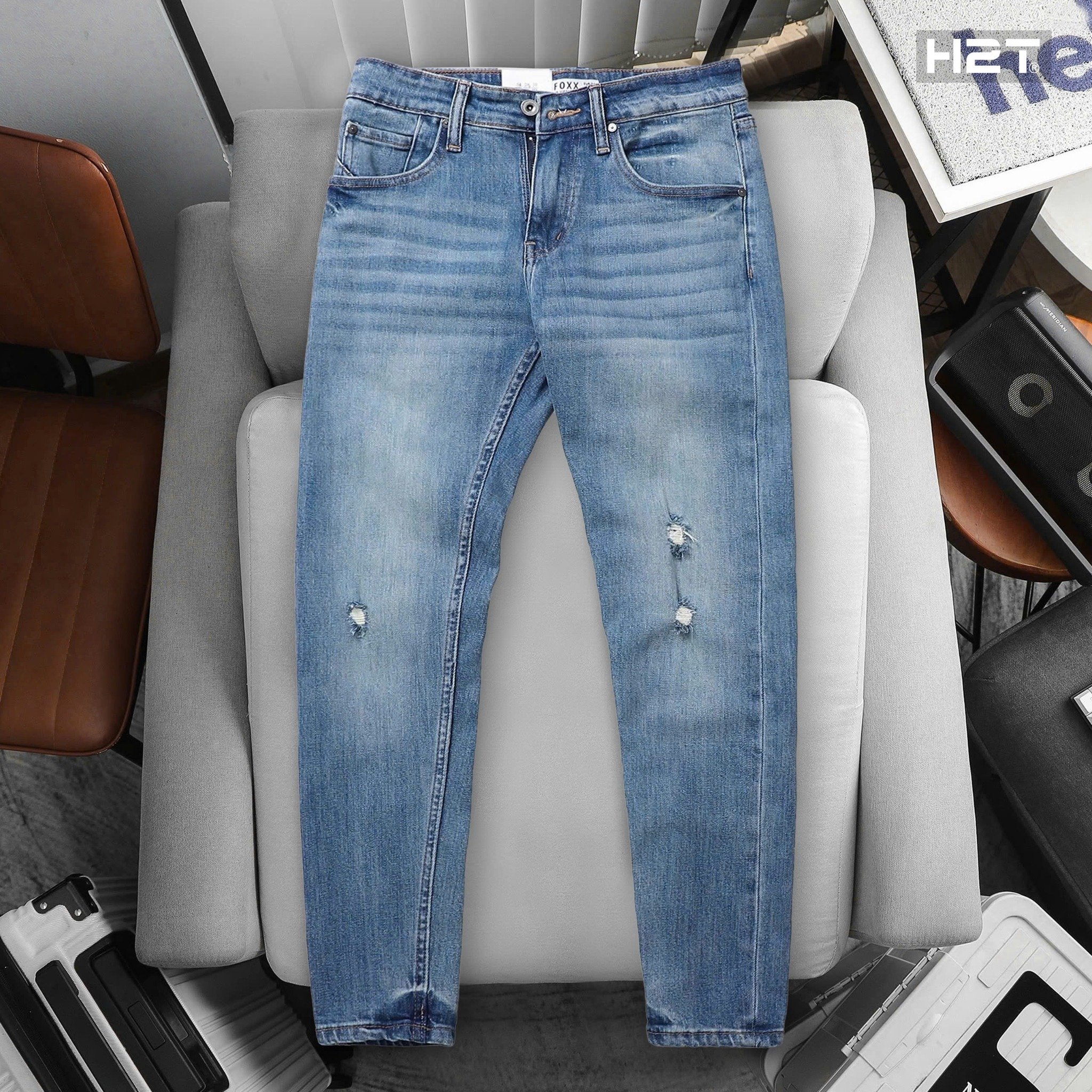 Quần Jeans Mid Blue Slimfit Wash Ripped 1814