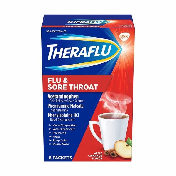  Thuốc Trị Cảm Cúm & Đau Họng Dạng Bột Pha Nước Theraflu Multi-Symptom Severe Cold Relief Powder - Vị Táo & Quế [Hộp 6 gói] 