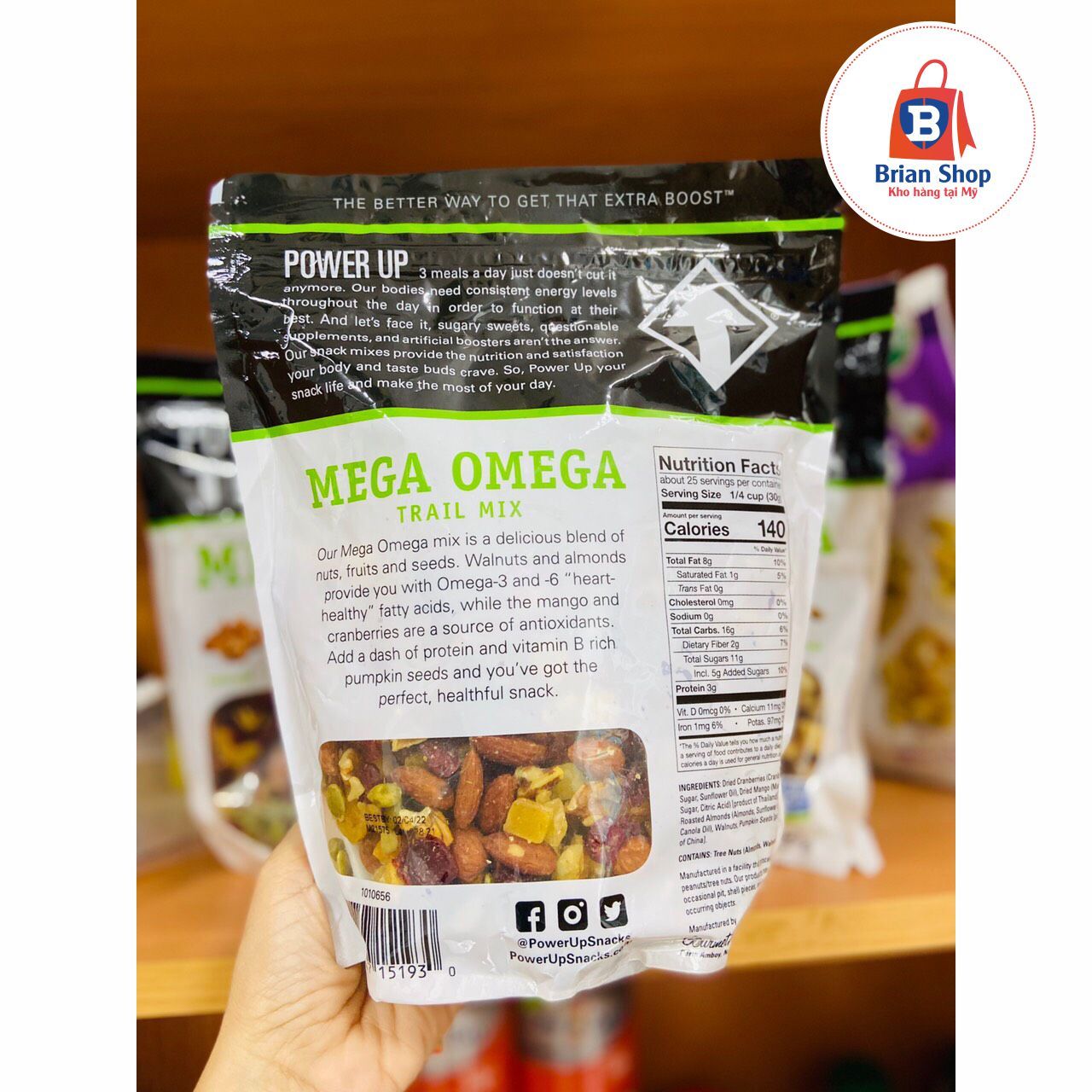  Hạt & Trái Cây Sấy Khô Gourmet Nut Power Up Trail Mix, Mega Omega [Túi 737g] 