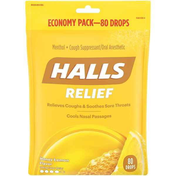  Kẹo Ngậm Không Đường Hương Chanh Mật Ong HALLS Relief Honey Lemon Cough Drops, 80 Drops [Bịch 80 viên] 