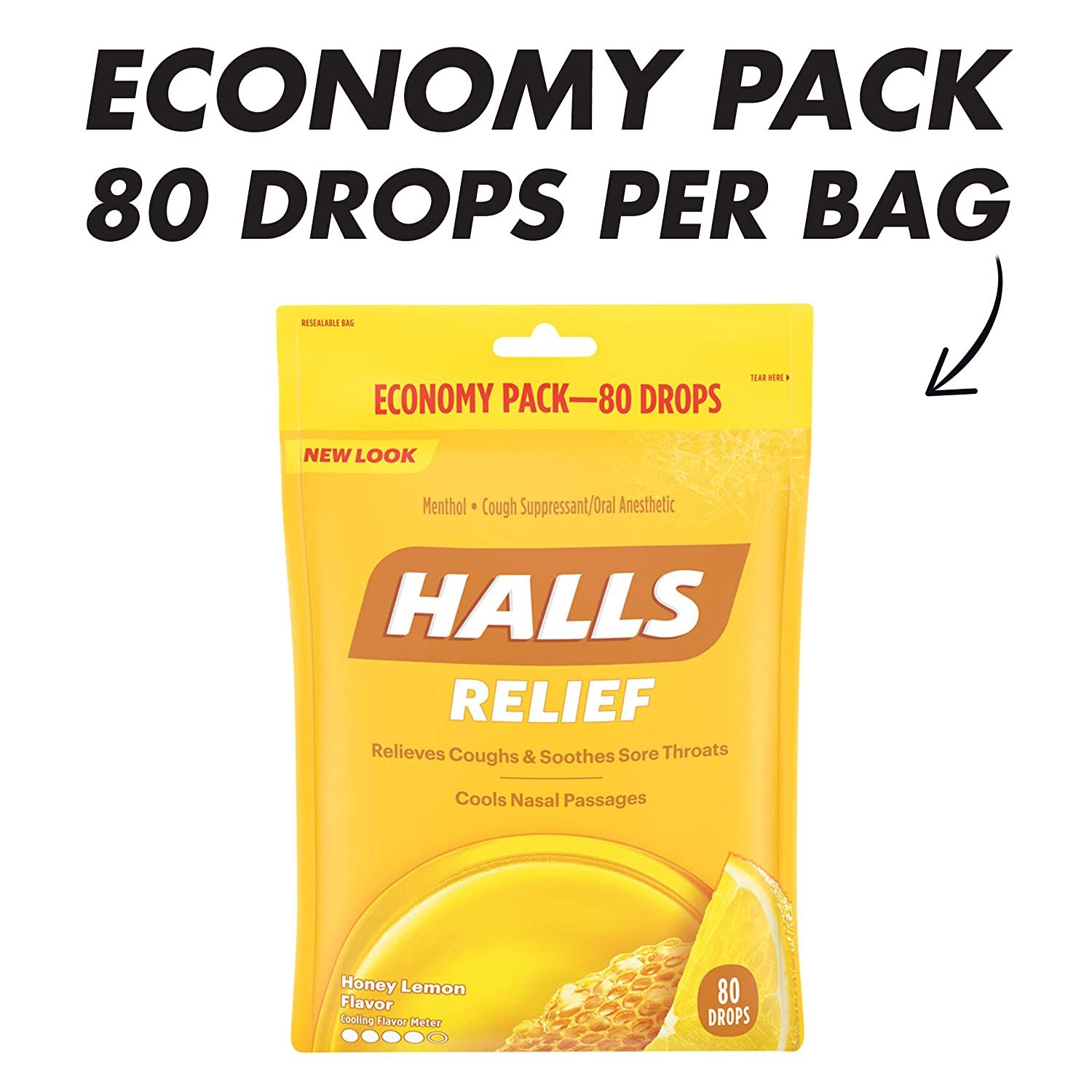  Kẹo Ngậm Không Đường Hương Chanh Mật Ong HALLS Relief Honey Lemon Cough Drops, 80 Drops [Bịch 80 viên] 