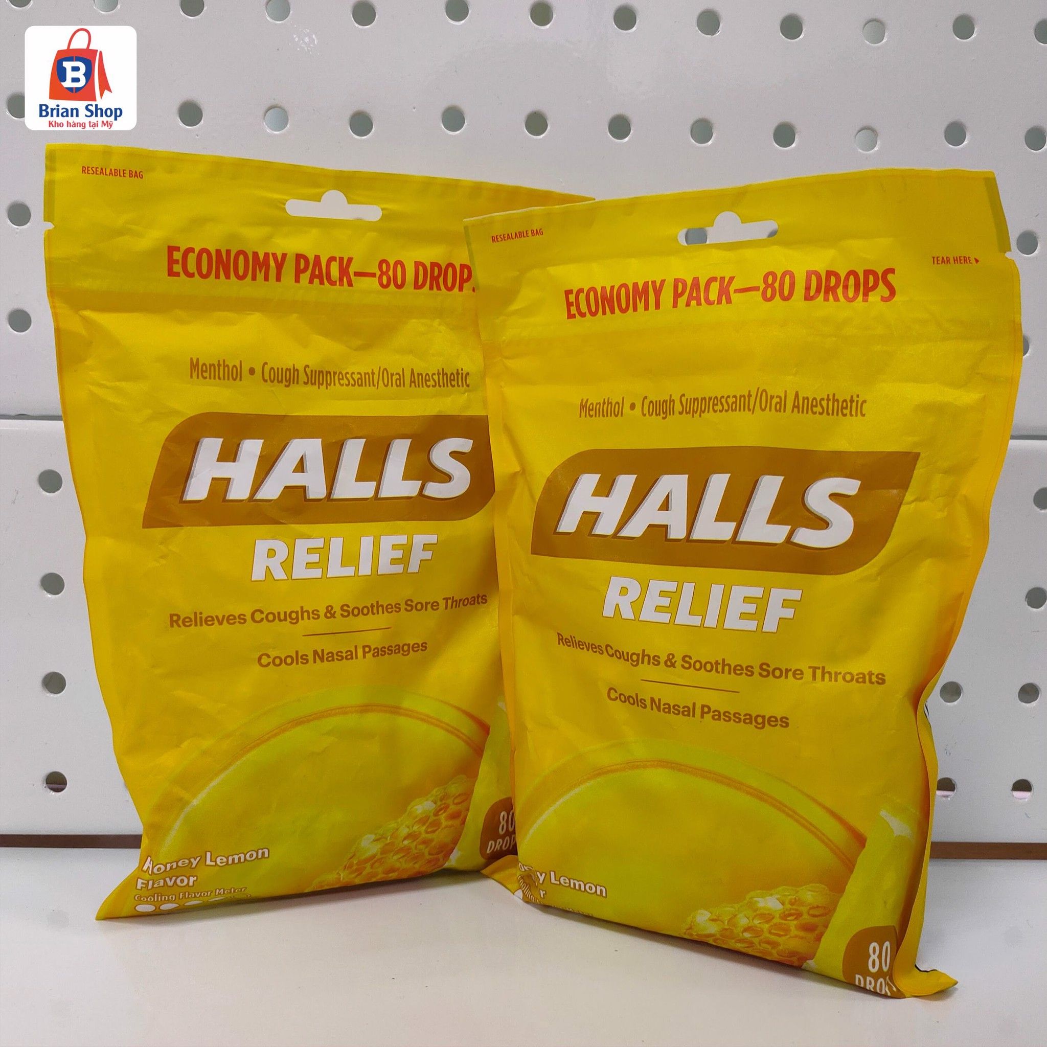  Kẹo Ngậm Không Đường Hương Chanh Mật Ong HALLS Relief Honey Lemon Cough Drops, 80 Drops [Bịch 80 viên] 