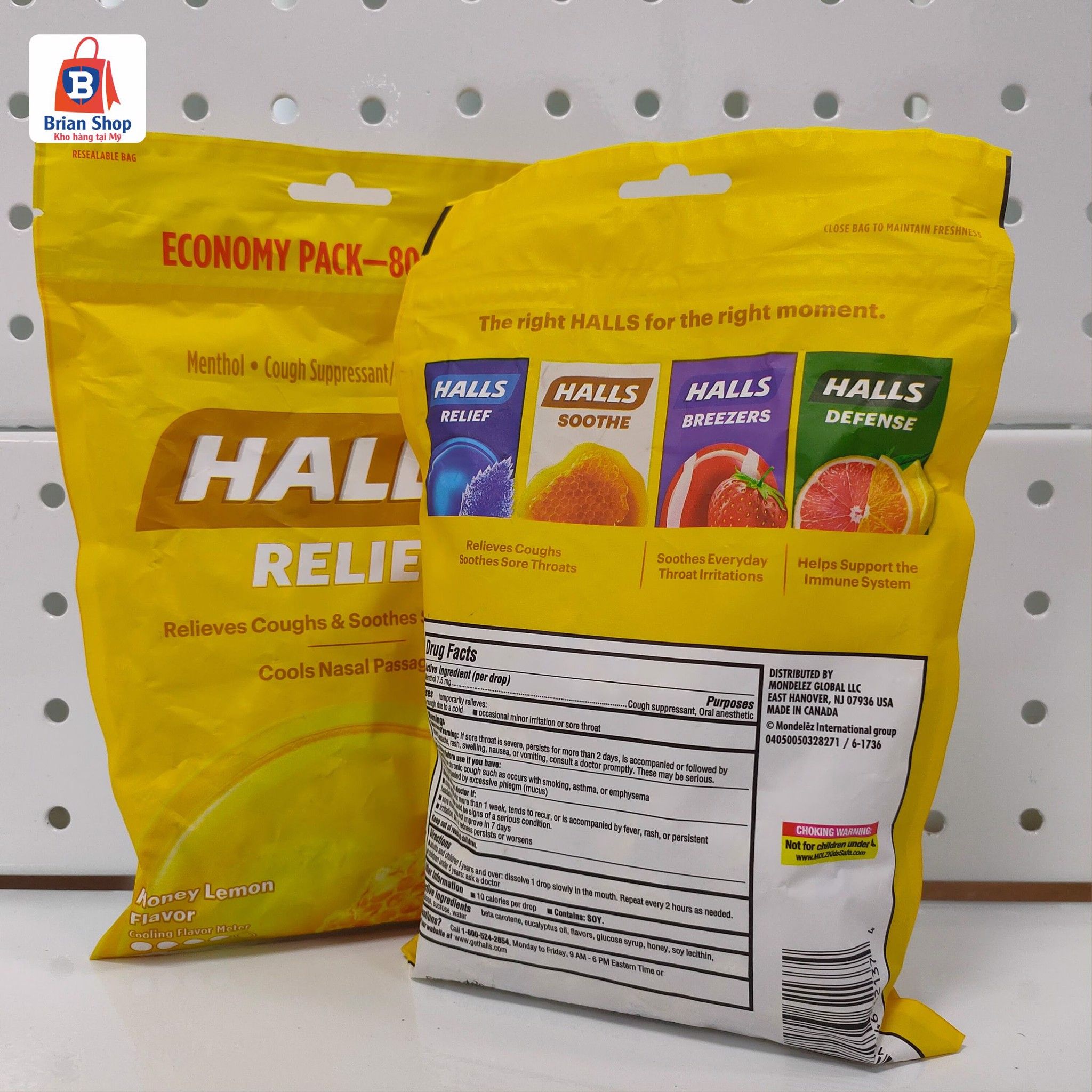  Kẹo Ngậm Không Đường Hương Chanh Mật Ong HALLS Relief Honey Lemon Cough Drops, 80 Drops [Bịch 80 viên] 