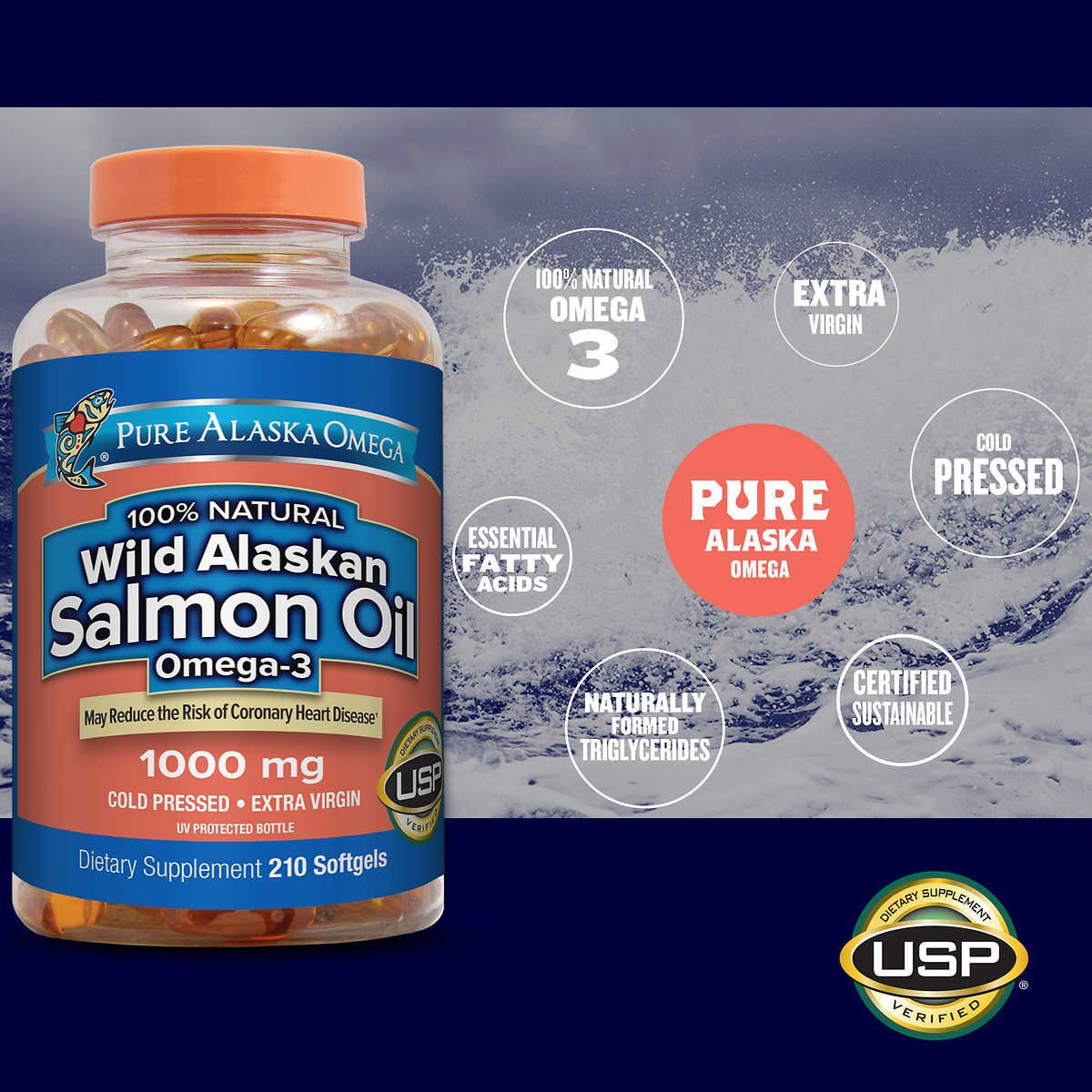  Viên Dầu Cá Hồi 1000mg Pure Alaska Omega Wild Salmon Oil 1000 mg., 210 Softgels [Hộp 210 viên] 