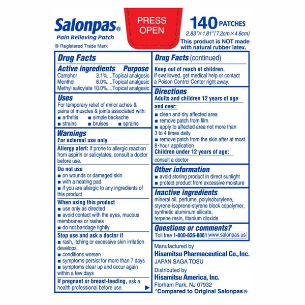  Miếng Dán Giảm Đau Salonpas Pain Relieving Patch, 140 Patches [Hộp 140 miếng, kích thước 7.2x4.6cm] 