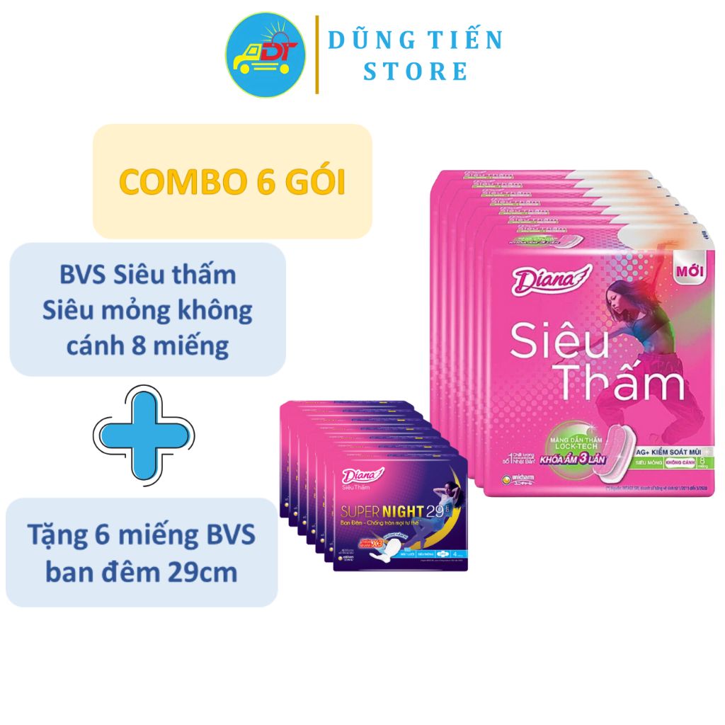 Bộ 6 gói băng vệ sinh Diana siêu thấm siêu mỏng không cánh gói 8 miếng